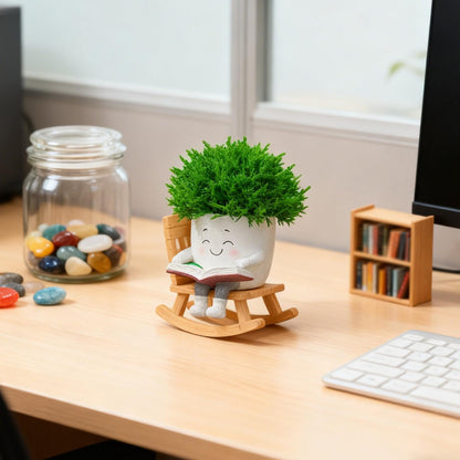 Rocking Chair Smily Face Planter with Drainage Hole, Small Plants Resin Succulent Planter Indoor Outdoor Decor for Desk Balcony Garden (White B)