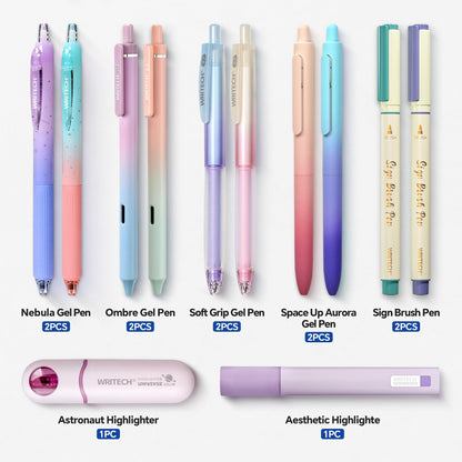WRITECH Aurora Gel Ink Pens: Wonderland Journaling Pens Set, Gradient Barrels Black Ink Pens Pastel Highlighters Brush Markers, No Bleed Smooth Writing Drawing Gift for Friends 12ct