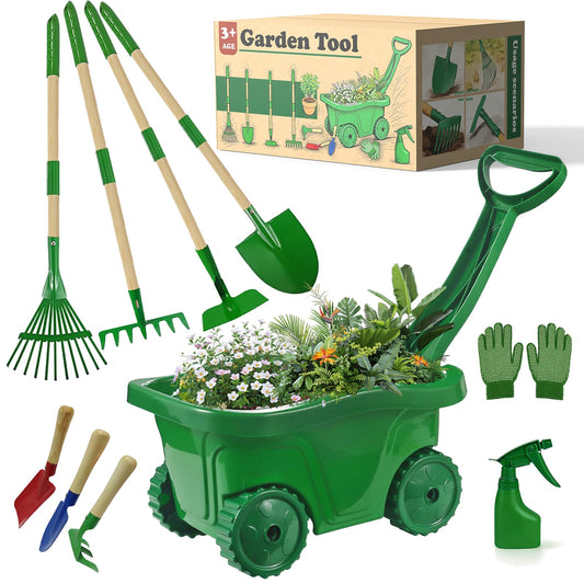 VICHTOP 10Pcs Kids Gardening Tools Set - Wheelbarrow Toys with Shovel, Rake, Hoe and Leaf Rake for Outdoor Backyard Play, STEM Educational Toys, for Toddler Boys & Girls Ages 3 4 5