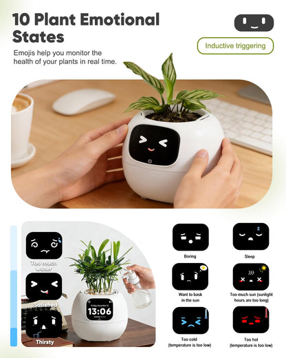 TinyShield Smart Flower Pot, Smart Pet Planter Robot Guidance on Plant Care with Emoticons, Adorable Plant Companion with Alarm Clock, Living Room Desk Setup Gift