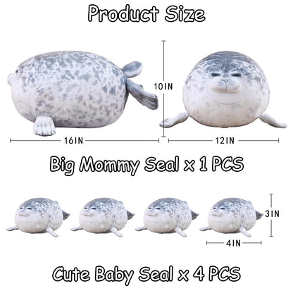 SQEQE Chubby Seal Pillow Plush with 4 Baby Seal Plushies in Her Tummy, Stuffed Cotton Plush Animal Toy for Kids and Adult Gift
