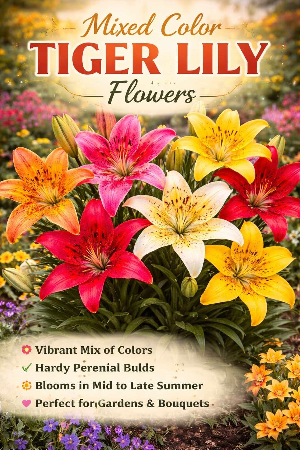 Mixed Color Tiger Lily Bulbs for Planting – Vibrant Blend of Orange, Yellow, Red, Pink & White – Hardy Perennial Summer Flowers – Easy to Grow (3 Bulbs)