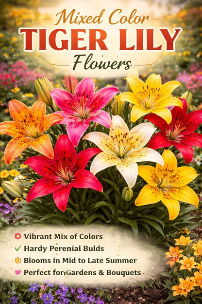 Mixed Color Tiger Lily Bulbs for Planting – Vibrant Blend of Orange, Yellow, Red, Pink & White – Hardy Perennial Summer Flowers – Easy to Grow (3 Bulbs)