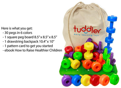 Toddler Peg Board Sensory Montessori Fine Motor Skills Educational Toys - 30 Stackable Pegs + Pattern Card + Drawstring Backpack + E-Book