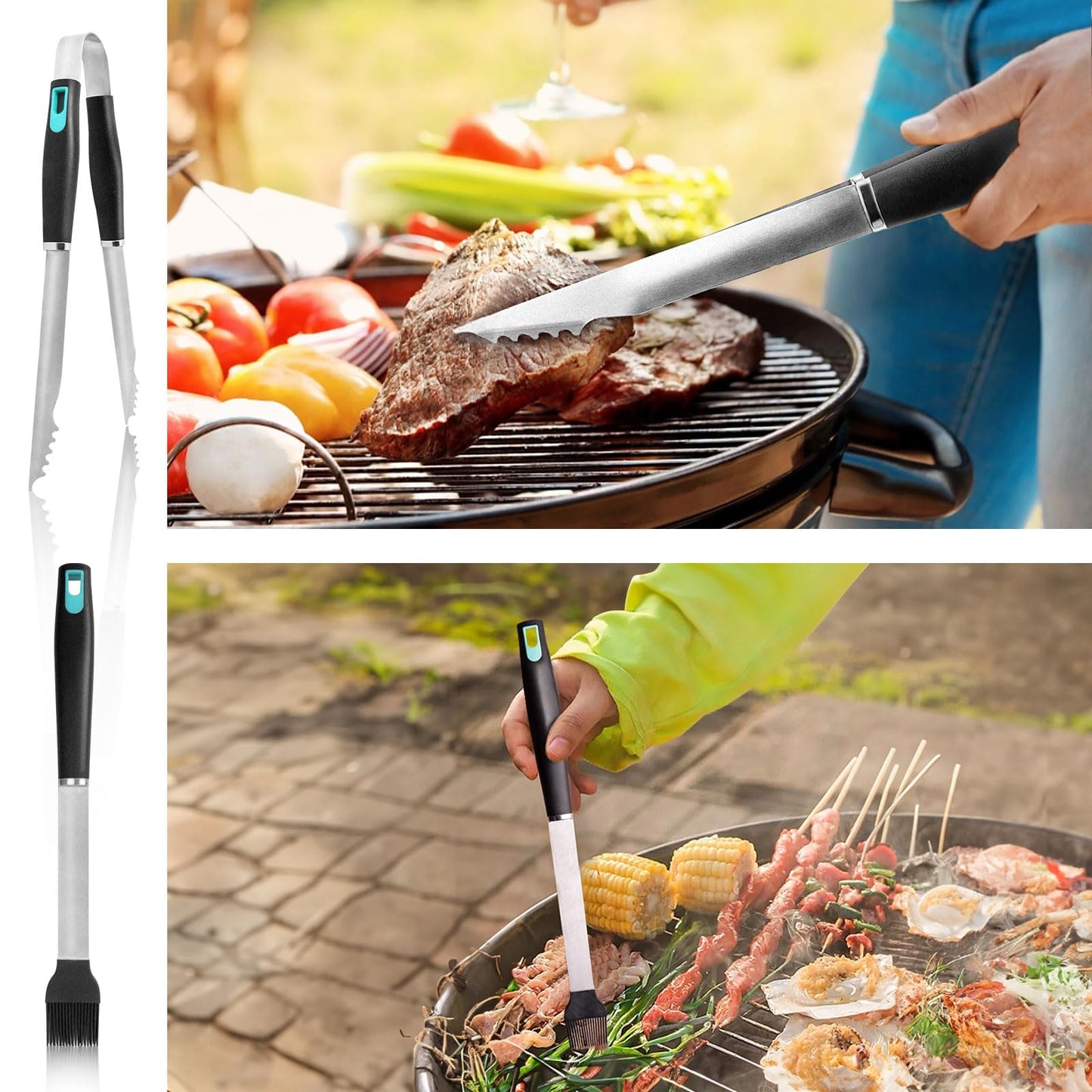 XSSIVE 5-Piece Grill Tools Set, Heavy Duty BBQ Utensils with Extra Tough Wire Brush, Spatula, Tongs, Fork & Basting Brush – Outdoor Grilling Accessories & Gifts for Men Dad (Camping, Backyard)