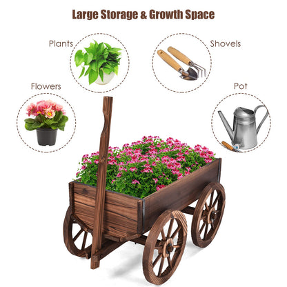 S AFSTAR Wooden Wagon, Wood Flower Planter Pot Stand with 4 Wheels & Drainage Holes, Amish Wagon Planter, Rolling Pot Stand Wood Wagon for Outdoor Plants Garden Decorative Garden Planter, Brown