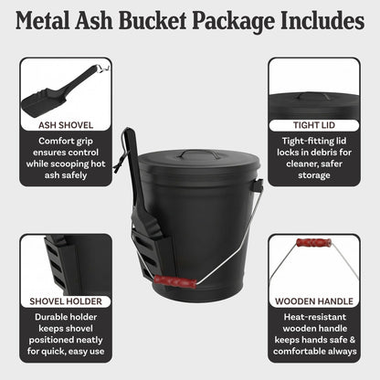 Ash Bucket - 4.75-Gallon Metal Bucket with Lid and Shovel for Fireplace or Firepit Ashes - Heat Resistant Fireplace Tools by Pure Garden (Black)