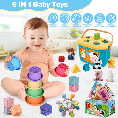 Baby Toys 6-12 Months, 6 in 1 Montessori Toys for 1 Year Old, Soft Infant Sensory Teething Toy, Stacking Cups & Blocks, Shape Sorter Blocks, Finger Puppets, Tissue Box Toy for Toddler 0-3-6-9-12 M+