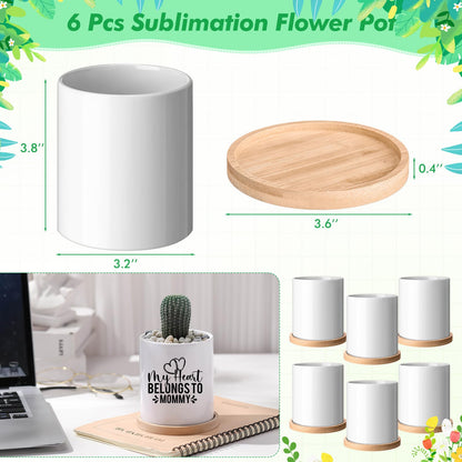 Teenyyou 6 Pcs Sublimation Flower Pot Blanks Mini 3.2 in Garden Ceramic Succulent Planter Pot with Bamboo Tray with Drainage Hole Thank You Gifts for Employee Appreciation Plant Lover