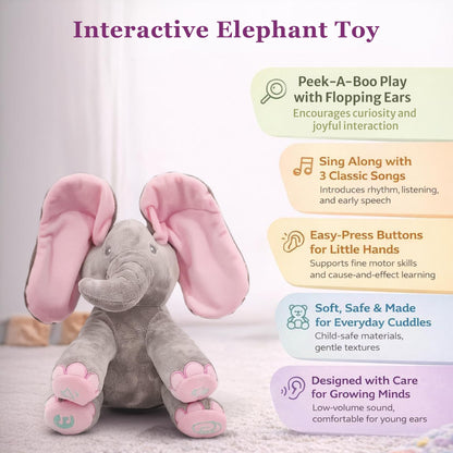 Dimple Kaia Peek A Boo Elephant Toy, Interactive Singing Stuffed Animal Plush with Moving Ears, Musical Stuffed Animal for Babies and Toddlers, Adorable Elephant Baby Toy