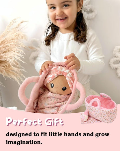LeyaDoll Soft Baby Doll Set for Toddlers – Pretend Play and Doll Feeding Carrier Bassinet Toy with Plush Cradle, Blanket & Feeding Bottle, 1-3 Girls Birthday