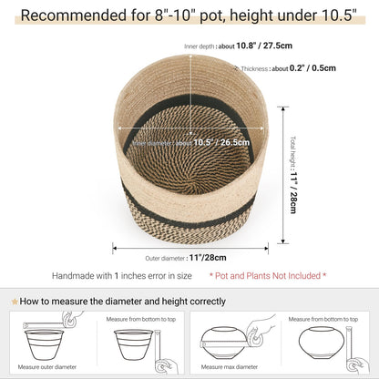 Dahey Jute Rope Plant Basket Modern Woven Storage Basket for 10.5" Indoor Planter, Decorative Flower Pots Cover Laundry Bin with Handle Rustic Home Decor, Black