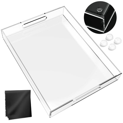 Acrylic Tray 16x12 with Cut Handles - Spill Proof Decorative Tray is an Ideal Countertop Organizer for Living Rooms, Ottoman Coffee Tables, Offices, Kitchens & Serving Guests