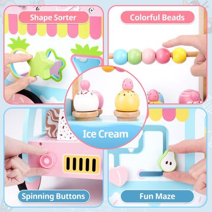 Wooden Baby Walker with Wheels for Girls, Toddler Play Store Ice Cream Toy, Multifunctional Ice Cream Cart with Baby Activity Center, Push Walking Toys Gift for 18+ Months Kids Learning to Walk