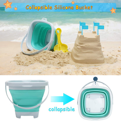 RACPNEL Beach Toys Sand Set for Kids, Collapsible Bucket and Shovels with Mesh Bag, Molds, Flags, Sandbox Kids Toddlers, Travel (Tavel Size)