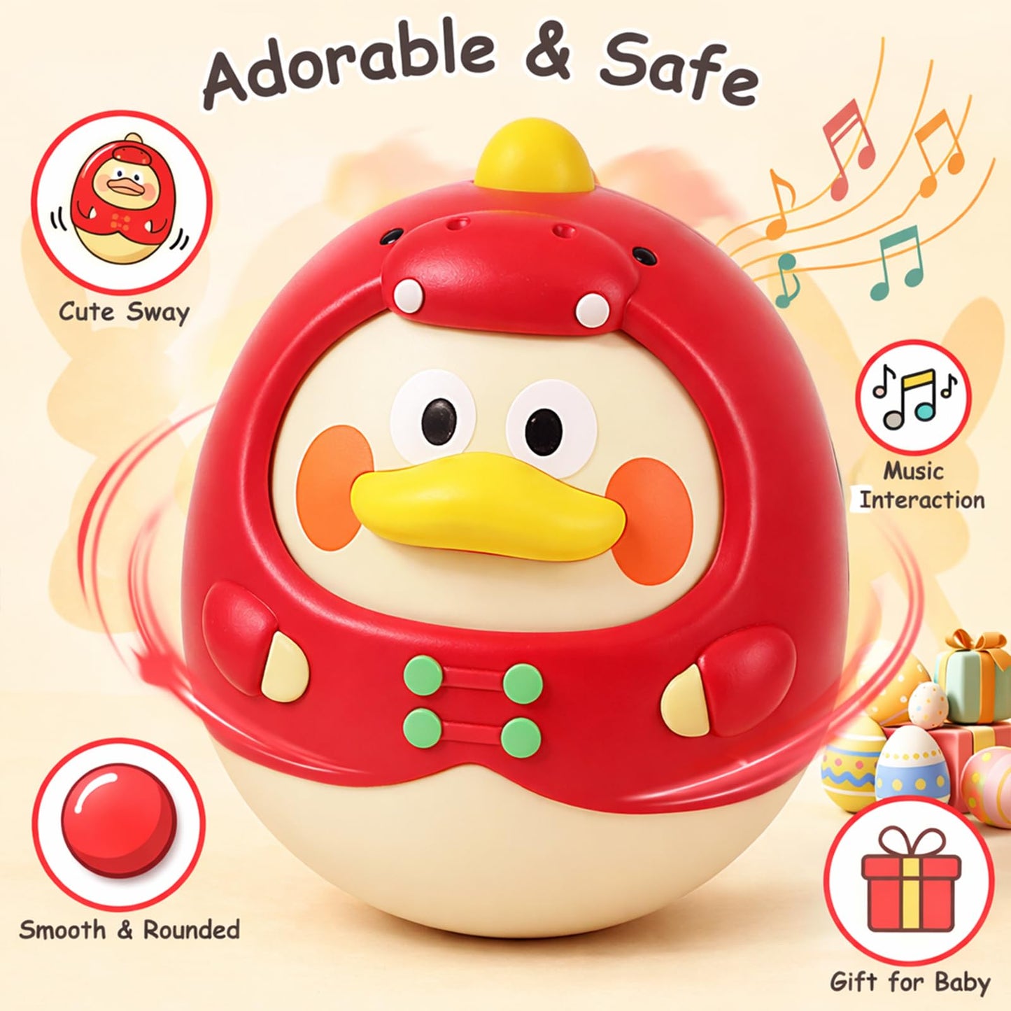 Tinabless Tummy Time Toys, Dinosaur-Duck Roly Poly Baby Toy, Musical Wobbler Toy | Tumbler Wobbler Toy for Newborns 3-12 Month Baby Boys and Girls Easter Basket Gift First Birthday Present (Red)