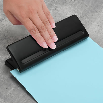 Adjustable 6-Hole Punch - Metal Hole Puncher for A4/A5/A6, Personal & Pocket Planners - 6-Ring Binder Puncher 6-Sheet Capacity, Non-Slip Base, with Ruler & Hole Guide (Black)