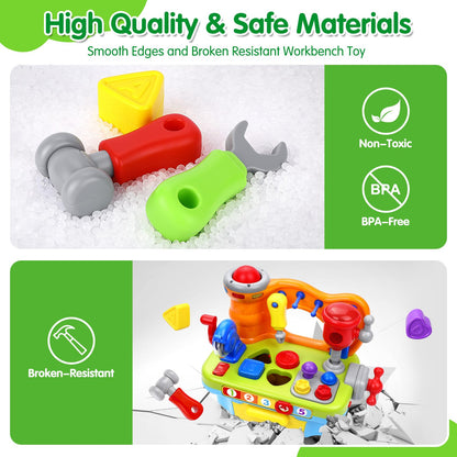 ORWINE Toys for 1 Year Old Boy, Musical Toddler Tool Bench, Montessori Educational Toys with Sound Lights Effect, Shape Sorter, One Year Old Boy Birthday Gift, Engineer Pretend Play Workbench