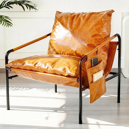 HavBeat Modern Bright Orange Oversized Faux Leather Recliner Armchair, Comfy Accent Chair with Sturdy Metal Frame Armrest Bag, Indoor Outdoor Couch Sofa Chair for Living Room Bedroom Patio Lounge