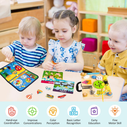 Adena Montessori Busy Board Box for Toddlers 2-4, 6 in 1 Montessori Toys for 1 Year Old with Drawing Board, Quiet Book, Puzzles, Sensory Toys for Fine Motor Skills, Learning Toys for Travel