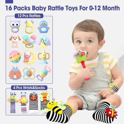 AZEN 16 Pack Baby Rattles Teething Toys 3-6 Months, Baby Toys 0-6 Months, Newborn Infant Toys 6-12 Months, Essentials Must Haves Wrist Socks Toddler Stocking Stuffers Christmas Gifts (Pink)