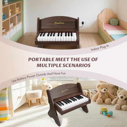 LeeQee Baby Piano for Toddlers, 25 Keys Wooden Piano for Kids with Volume Control, Mini Digital Music Educational Instrument Toy, Dual Power Mode Portable Wood Piano for 3+ Year Old Girls Boys