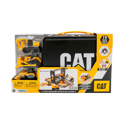 CAT Construction Toys, Store N Go Playset - Tin Travel Case Transforms into Multi-Level Worksite, Includes 2 Little Machines Vehicles & 10 + Accessories, Portable STEM Toy for Kids Ages 3 +