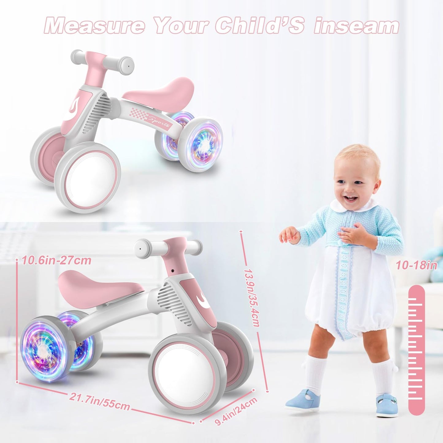 WETIFY Colorful Lighting Baby Balance Bike Toys for 1 Year Old Girl Gifts, 10-36 Month Toddler Balance Bike, No Pedal 4 Silence Wheels & Soft Seat First Bike, One Year Old Girl Birthday Gifts