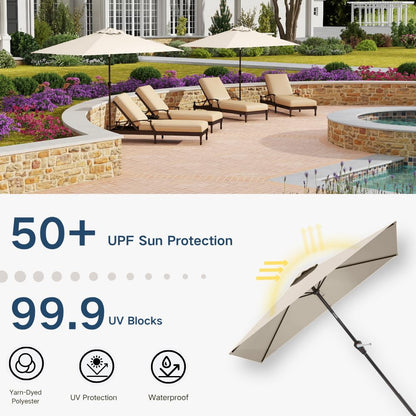 Patio Kingdom 6.5' x 10' Rectangular Patio Umbrella Large Outdoor Market Umbrella w/UV Protection, Push Button Tilt and Crank Lift, Rectangle Table Umbrella for Garden, Deck, Pool, Patio, Beige