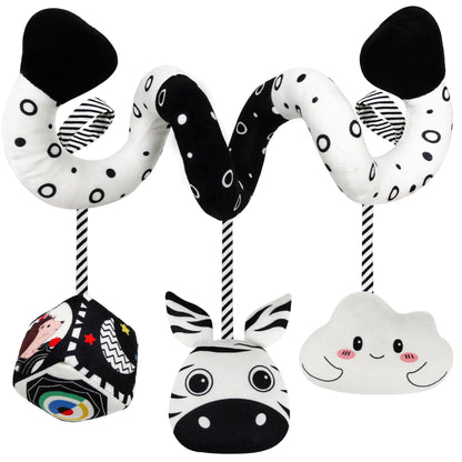 Car Seat Toys for Babies 0-6 Months,Hanging Rattle Toys for Crib Mobile, Baby Spiral Hanging Stroller Black and White High Contrast Toys for Newborn 0 3 6 9 12 Months Baby Boys Girls (Zebra)