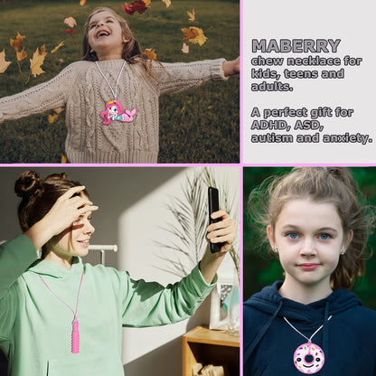 Chew Necklaces for Sensory Kids Adults, 6 Pack Silicone Sensory Chew Toys for Autistic Children with ADHD/SPD/Autism/Anxiety, Pink Chewy Necklace Stim Toy for Teething Chewing Biting Fidgeting