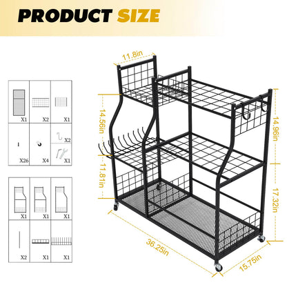 Garden Tool Organizer Rolling Cart Large Capacity Rust-Resistant Metal Tool Cart with Wheels Hooks Garage Shed Yard Outdoor Storage Rack Suitable for Long-Handled Tools/Rakes/Shovels