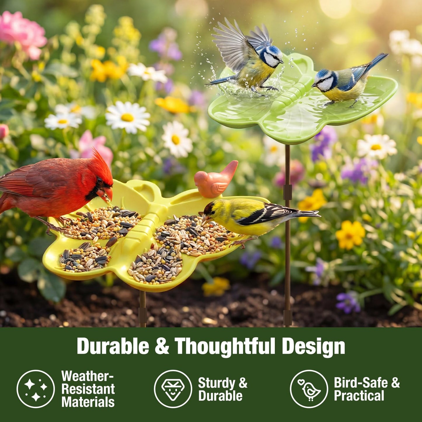 Kinsgyard 2 Pack Free Standing Tray Bird Feeders with Adjustable Pole, Wild Bird Bath for Outdoor Garden Yard Decor, Large Seed Capacity, Easy to Clean and Refill, Yellow & Green