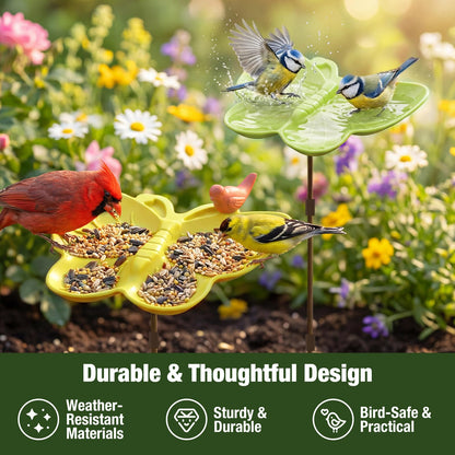 Kinsgyard 2 Pack Free Standing Tray Bird Feeders with Adjustable Pole, Wild Bird Bath for Outdoor Garden Yard Decor, Large Seed Capacity, Easy to Clean and Refill, Yellow & Green