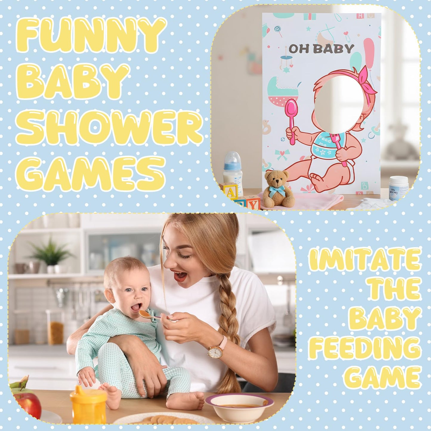Liitrsh 6 Sets Funny Blindfolds Baby Shower Games Feed Me Baby Shower Games Set Include Eye Mask Bib Spoon Diaper Cap Foam Board Gender Reveal Activities Play for Guests Gender Reveal Party Favor
