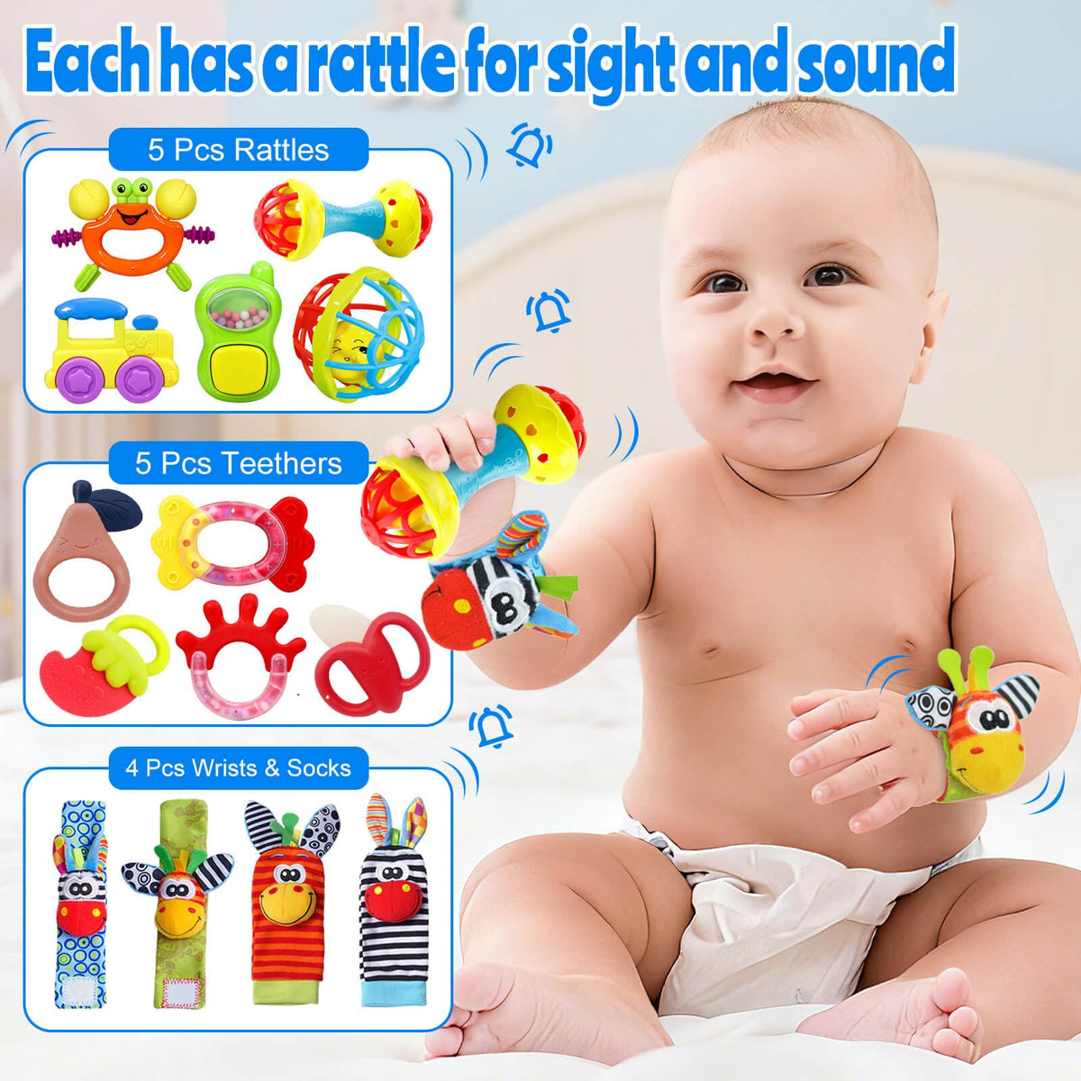 Baby Toys 0-6 Months - Baby Rattles Teething Toys 3-6 Month Infant Toys 6-12 Months Teether Toy 3 4 5 6 Month Old Newborn Essentials Must Haves Wrist Socks Toddler Stocking Stuffers Christmas Gifts