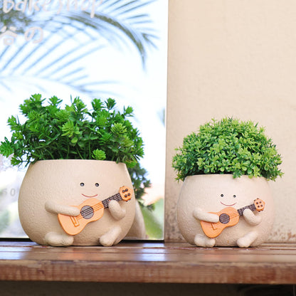 QIAOLY Planter Pot with Drainage Hole Cute Resin Head Planters for String of Pearls Plant Live Unique Guitar Succulent Pots for Indoor Outdoor Plants Gift IdeaI for Christmas (Large)