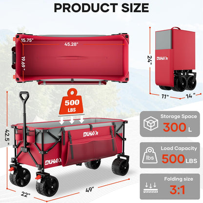 49" L Collapsible Extended Wagon with 500lbs Weight Capacity,300L Heavy Duty Sports Wagon,Big All-Terrian Wheels with Cup Holders,Cart for Sports,Grocery,Shopping,(Rosepink)
