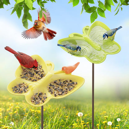 Kinsgyard 2 Pack Free Standing Tray Bird Feeders with Adjustable Pole, Wild Bird Bath for Outdoor Garden Yard Decor, Large Seed Capacity, Easy to Clean and Refill, Yellow & Green