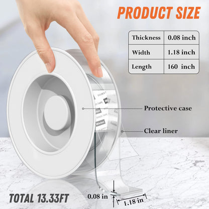 Wotec Extra Large Double Sided Tape Heavy Duty Removable 1.18 Inch x 160 Inch, Clear & Tough Nano Tape, Multipurpose Mounting Tape Picture Hanging Strips Adhesive for Poster Carpet