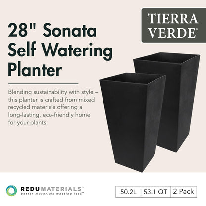 Tierra Verde 2-Pack Indoor & Outdoor Self-Watering Square Planters, Large, Sonata, Black - Planter Containers for Plants and Flowers - Gardening and Landscaping Accessories
