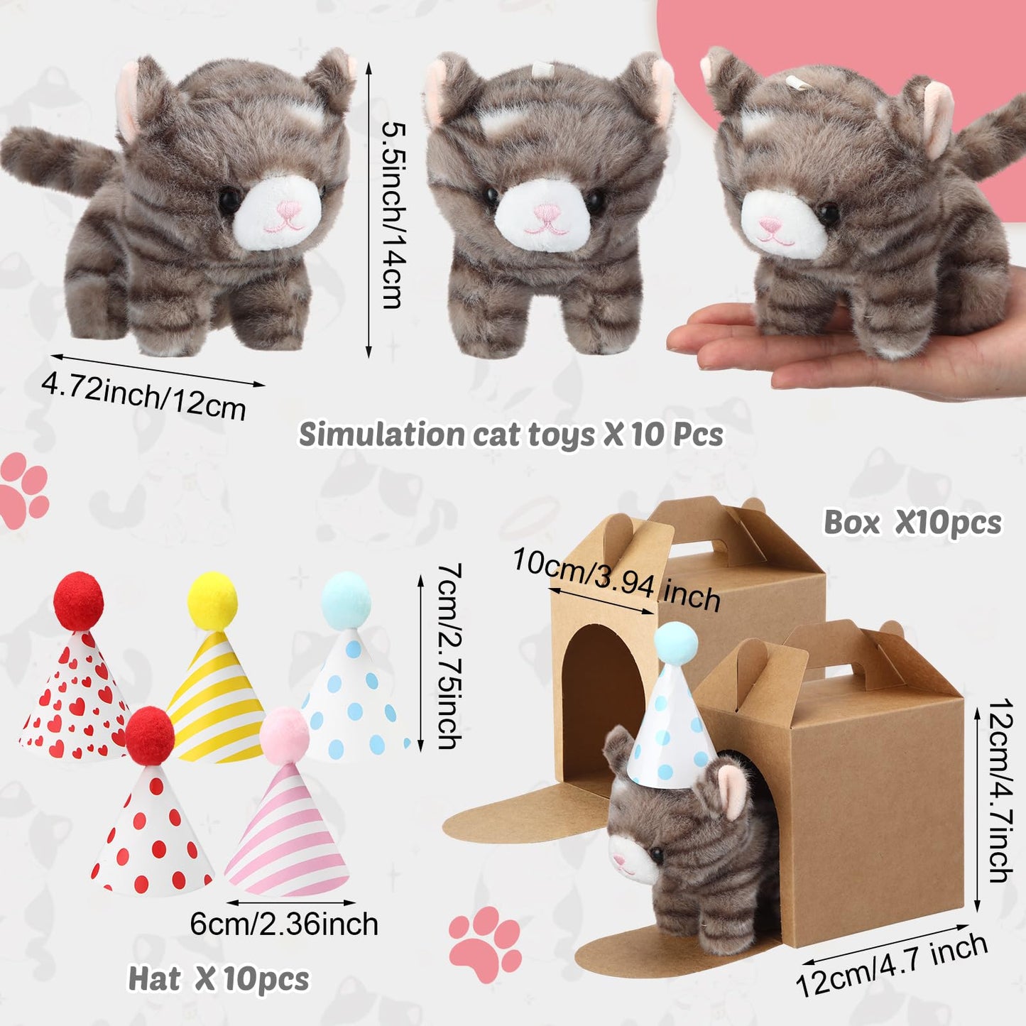 Motionchic 10 Set Kittens Stuffed Animals Bulk with 10 Birthday Hats 10 Kraft Paper Boxes Mini Plush Toys Small Stuffed Cat Pet Gifts for Kids, School Birthday Animal Decor(Standing Style)