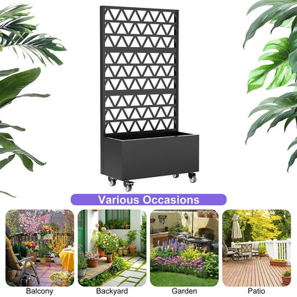 Metal Planter Box with Trellis and Wheels, 72" Raised Garden Bed with Drainage Holes, Privacy Screen, Lockable Casters, Galvanized Carbon Steel Planter for Climbing Plants, Vines, Vegetables, Flowers