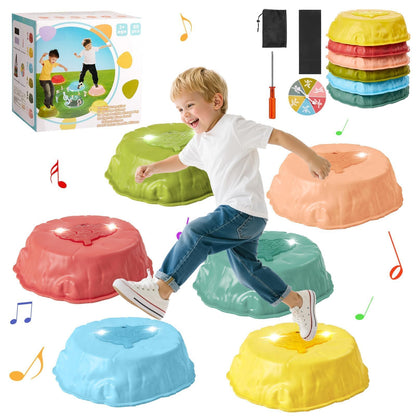 Gleamkid Light Up Stepping Stones for Kids with Music: 6PCS Thicker Double Non-Slip Balance Stepping Stones with Rainbow Spinner, Indoor Outdoor Sensory Toy for Toddlers Ages 3+, Boys & Girls Gifts