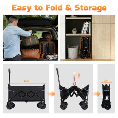 Collapsible Foldable Wagon Cart with Wheels - 360LBS Heavy Duty Folding Wagon Carts, Portable Lightweight Utility Wagon with All-Terrain Wheels & 2 Cup Holders, Grocery/Beach/Sports/Shopping/Black