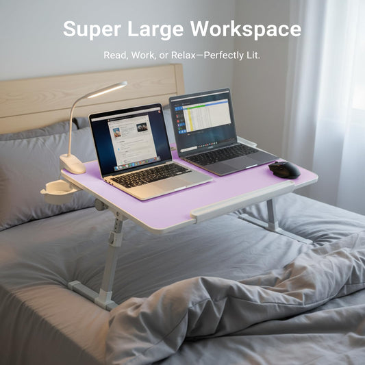 iXTRA Laptop Lap Desk with Cooling Fan - Adjustable Bed Desk with Light, Bed Table with Cup Holder&Phone Holder - Storage Drawer Desk - Folding Bed Desk,Purple,70x45cm