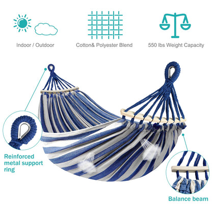 MOSFiATA Hammocks Portable Camping Hammock Upgraded 550lb Comfortable Fabric Hammock with Two Anti Roll Balance Beam and Sturdy Metal Knot Tree Straps for Camping, Patio, Backyard, Outdoor(Blue White)