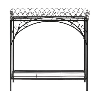 Black Long Double-Layer Plant Shelf, French Courtyard Style Metal Stand for Tall Potted Plants, Sturdy Indoor Outdoor Planter Holder Garden Decor