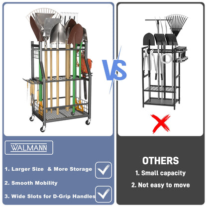 WALMANN Garden Tool Organizer with Wheels for Garage, Rakes/Shovels/Yard Tools Storage Stand for Garden, Shed, Indoor/Outdoor Long-Handled Tools Rolling Cart