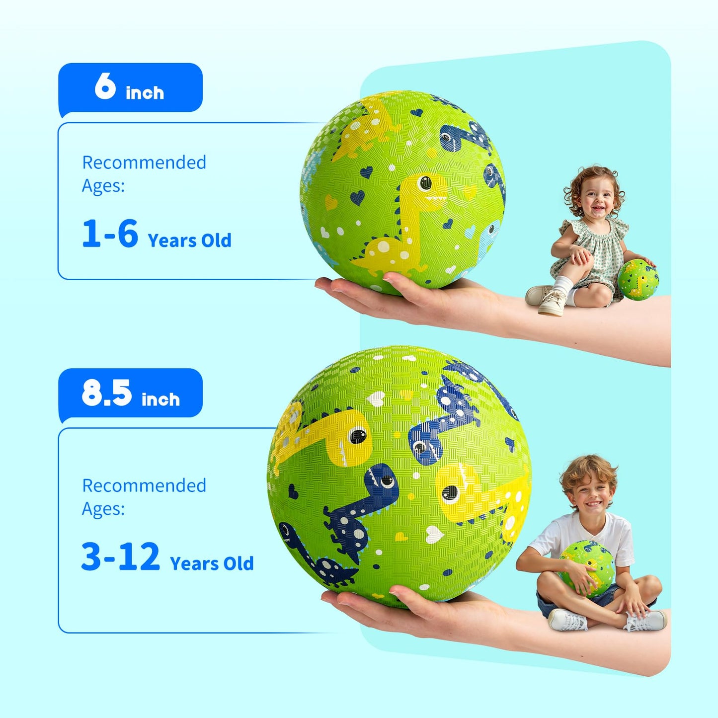 ZOOJOY Pack of 2 Cartoon Playground Balls, Balls for Toddler 3-12, 8.5" Rubber Ball Bouncy Kickball, Indoor & Outdoor Ball Game for Kids with Pump